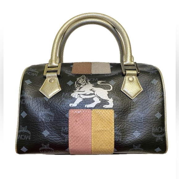 MCM Handbags - MCM Black Canvas, Snakeskin Embossed and Leather Princess Lion Boston Bag